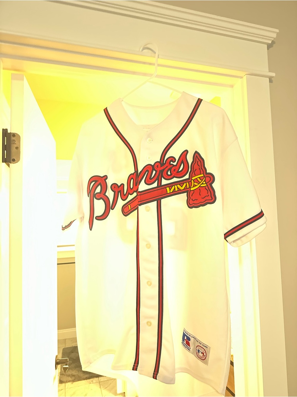 Russell Athletic White Baseball Jacket with Red & Navy Trim